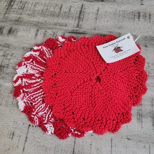 Red and White Handknit Round Washcloths